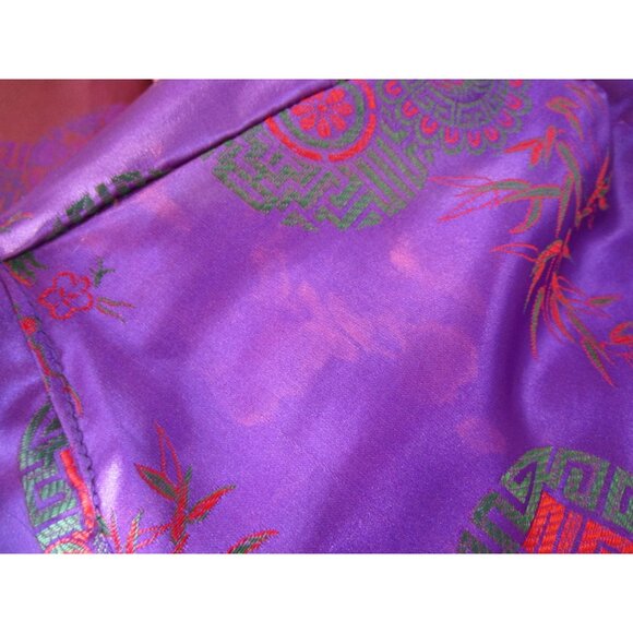 Asian Inspired Tie Front Kimono Robe Purple Red Green Brocade Damask Damage L XL - Picture 8 of 16